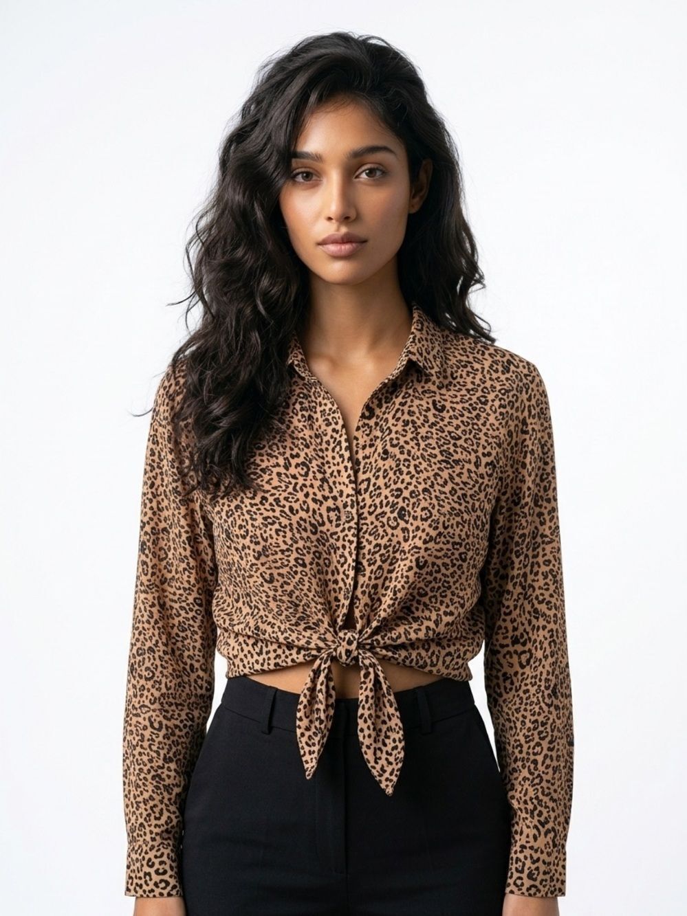 H&M | Leopard Animal Print Button Front Blouse Tie Detail Women’s Size 6